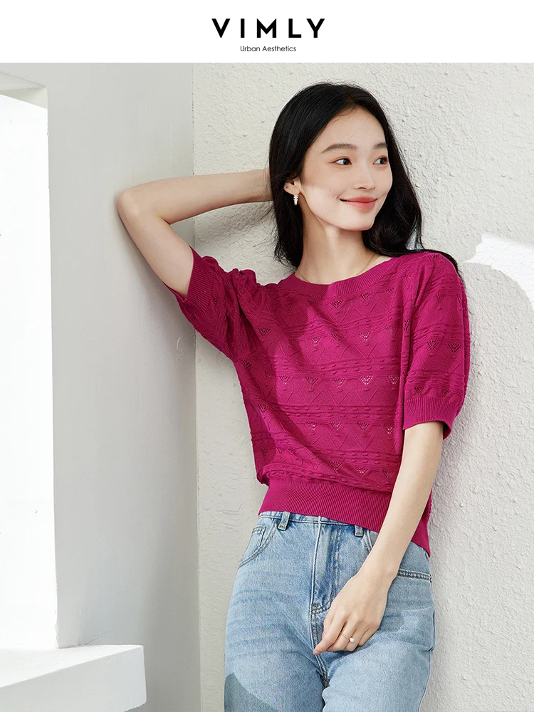 

VIMLY Women's Hollow Out Pullover Short Sleeve Knitted Summer Solid Color O-neck Jacquard Bubble Sleeve Temperament Blouse Top