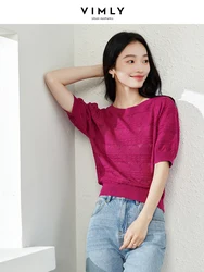 VIMLY Women's Hollow Out Pullover Short Sleeve Knitted Summer Solid Color O-neck Jacquard Bubble Sleeve Temperament Blouse Top