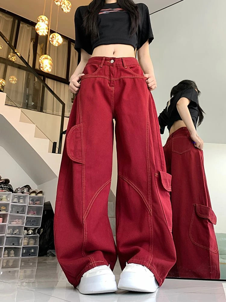 Damskie szerokie spodnie z dużymi kieszeniami, luźne, z szerokimi nogawkami, czerwone, personalizowane spodnie, stylowe, codzienne spodnie dla dziewczyn, damskie dżinsy z zakrzywionym krojem.