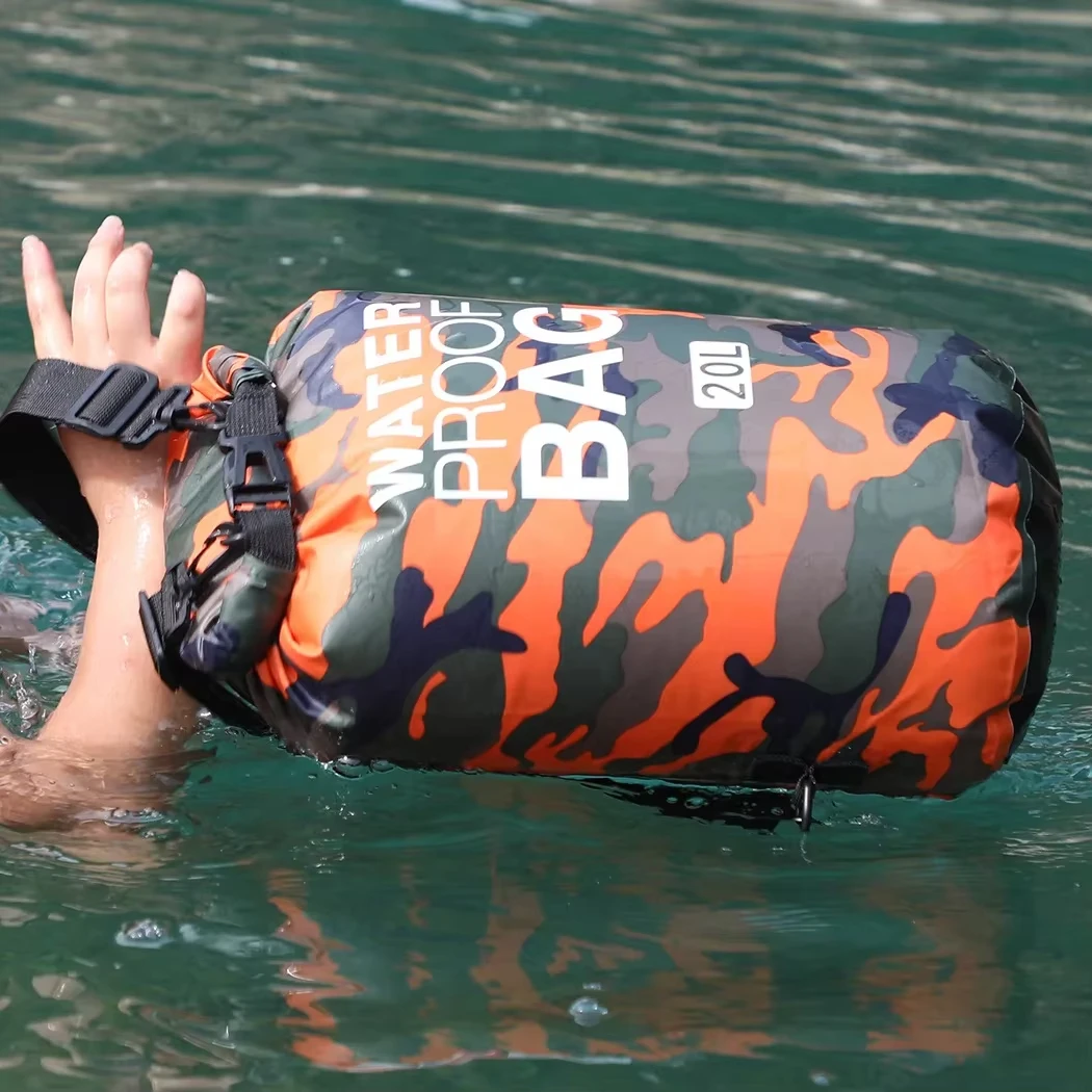 Saco Seco Portátil Camuflado Impermeável para Rafting e Mergulho 2/5/10/15/20/30L, Bolsas de Natação Revestidas em PVC para Trekking em Rios