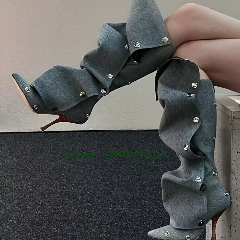 

Denim Pointed Toe Ruffled Metal Buckle Boots Sexy Fashion Stiletto Knee High Boots