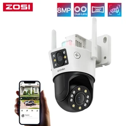 ZOSI C298 4K 8MP Dual-Lens(2x4MP) Wired WiFi PTZ Security Camera Outdoor with Wide Angle 8X Hybrid Zoom 360 Surveillane Cam
