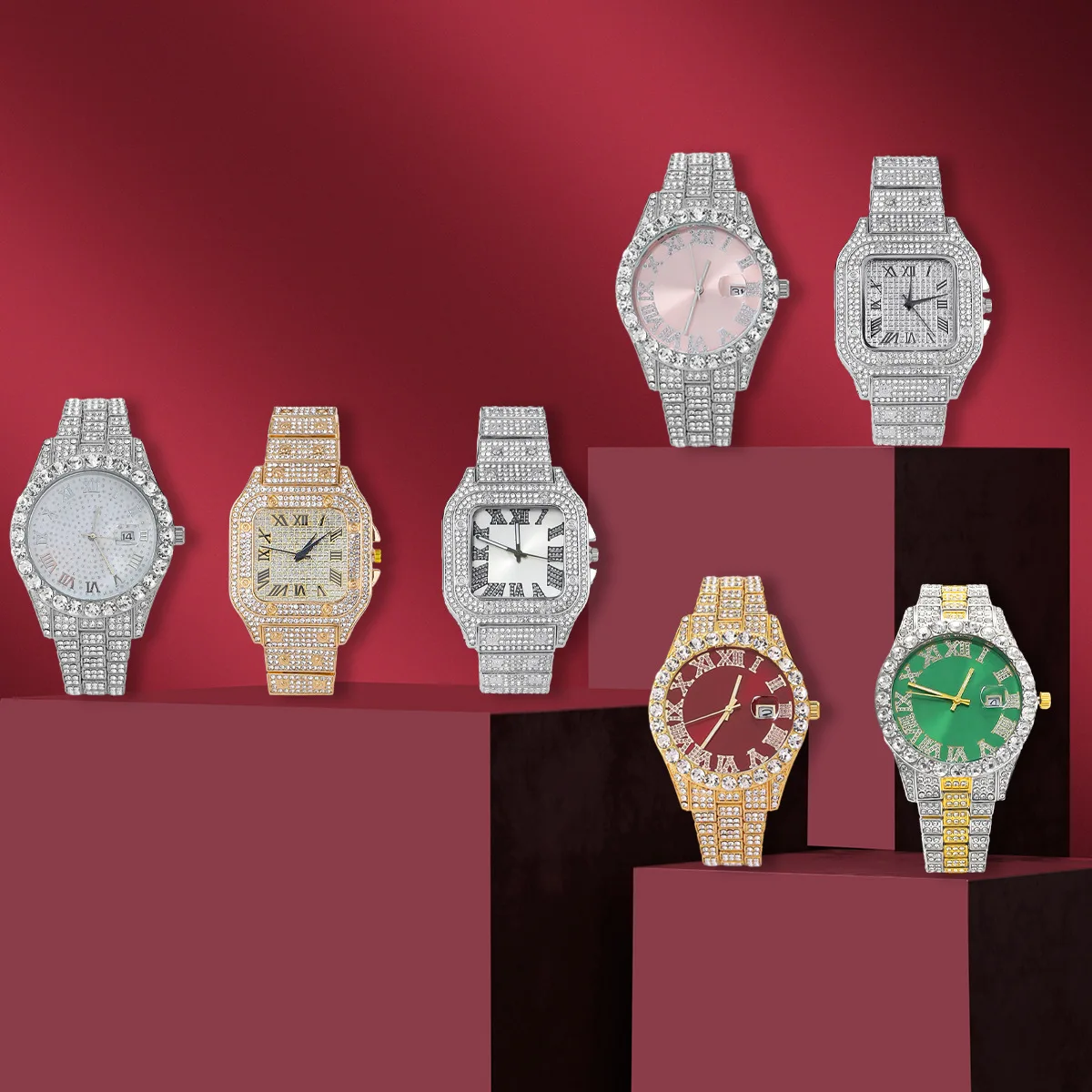 Men 7‑Pcs Watch Iced‑Out Rhinestone Quartz Timepiece Assorted Multi‑Tone Dials Polished Metal Bracelet Premium Hard Gift Box