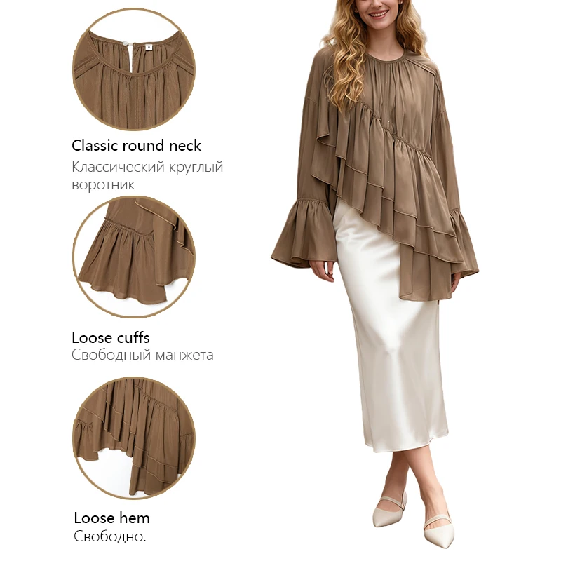 Blusa de moda para mujer con cuello redondo con volantes, mangas largas y camisa de gasa asimétrica, ropa informal de otoño e invierno