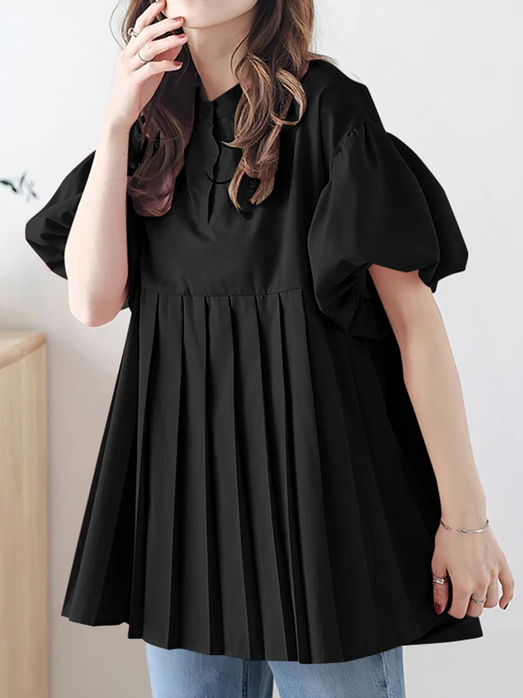 

ZANZEA Streetwear Women Pleated Hem Blouses Casual Mandarin Collar Lantern Sleeves Blusas Mujer Fashion Solid Color Tops