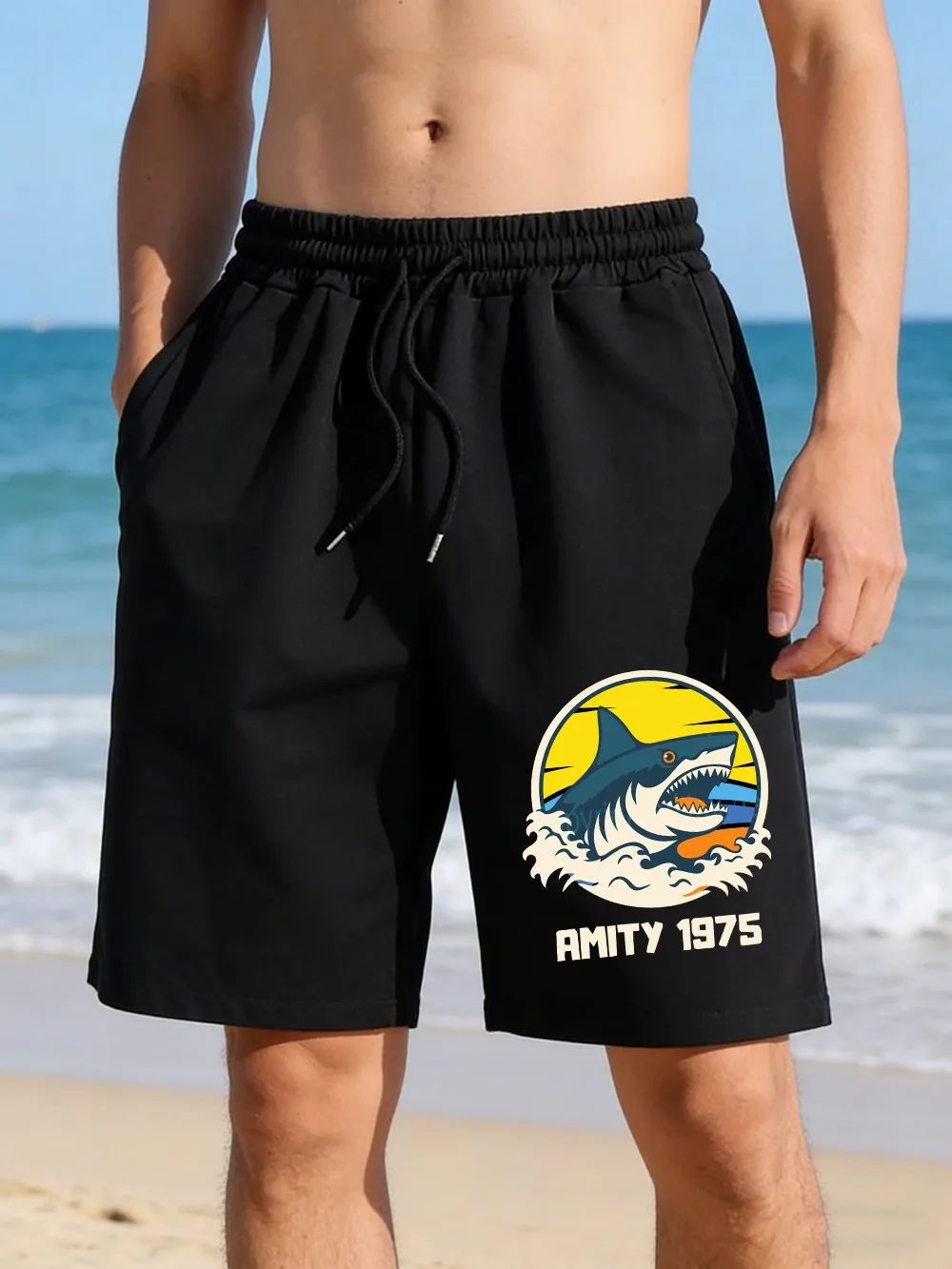 

Мужские повседневные шорты с принтом мультяшной акулы, широкие пляжные плавательные шорты с карманами, базовые шорты с высокой талией, летняя одежда оверсайз для мужчин