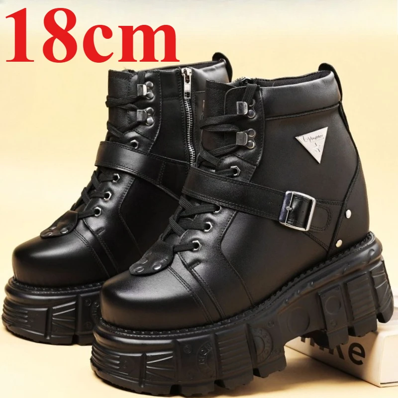Genuine Leather Motorcycle Boots Shoes for Men's 18cm Elevator Boots Banquet Host Stage Bar Date Actor Leisure Increasing Shoes