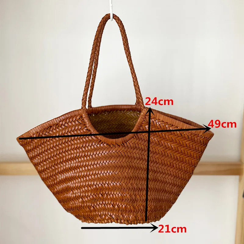 Supersize Beach Bags head layer cowhide hand-woven women\'s large capacity leather one-shoulder women\'s grocery basket Tote bag