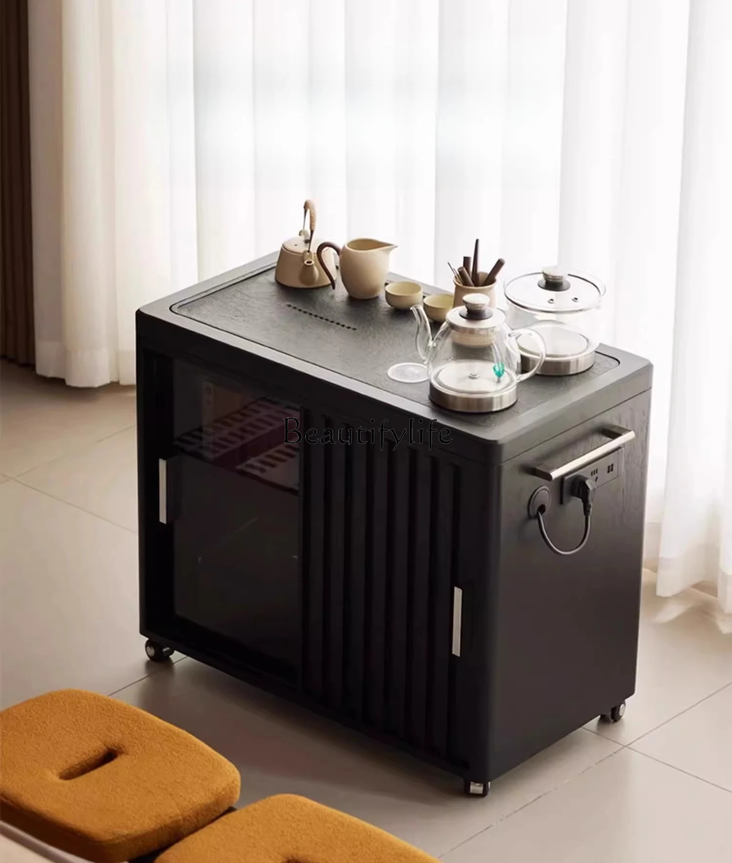 

Light luxury modern rock slab coffee table simple balcony solid wood movable tea table