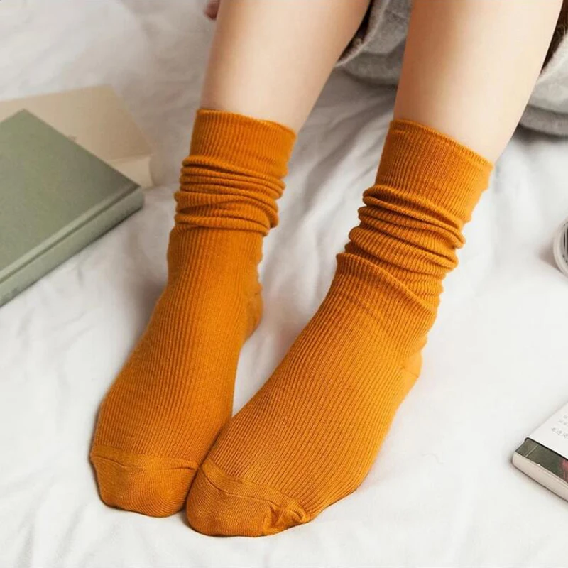 

Autumn Solid Socks for Women Knitted Stretchy Orange Sokken Female Cotton Casual Calcetines Mujer Girls Green Sock Meias