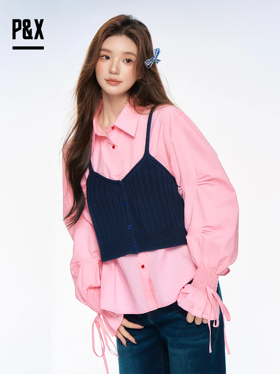 

Sweet Romantic Knitted Set Women's Autumn Layering irt Knit Vest Strap Two-Piece Set Faionable Loose Long Sve Button up