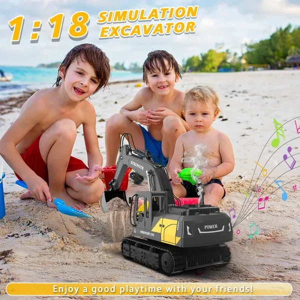 1:20 Scale Black Alloy Remote Control Excavator with 12-Way Functionality for Kids and Adults, Realistic Construction Vehicle