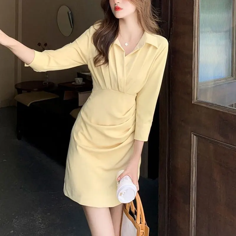 French Style Bag Hip Dresses Spring Autumn Fashion Folds Female Clothing Aura Solid Color Commute Turn-down Collar Mini Dress