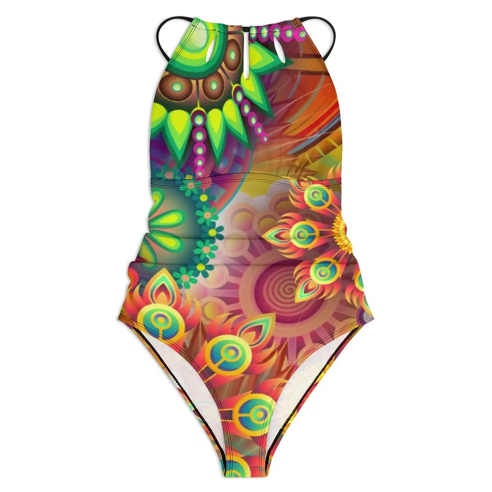 Colorful Hippie Swimsuit Sexy Retro Floral Female Swimwear One-Piece Vintage Swimsuits Holiday Rave Push Up Halter Beachwear