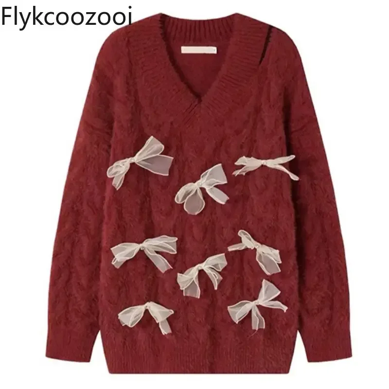 2024 Spring New Bow Sweater for Women Autumn and Winter Design Loose Style Knitwear Large Size Original Свитер Женский