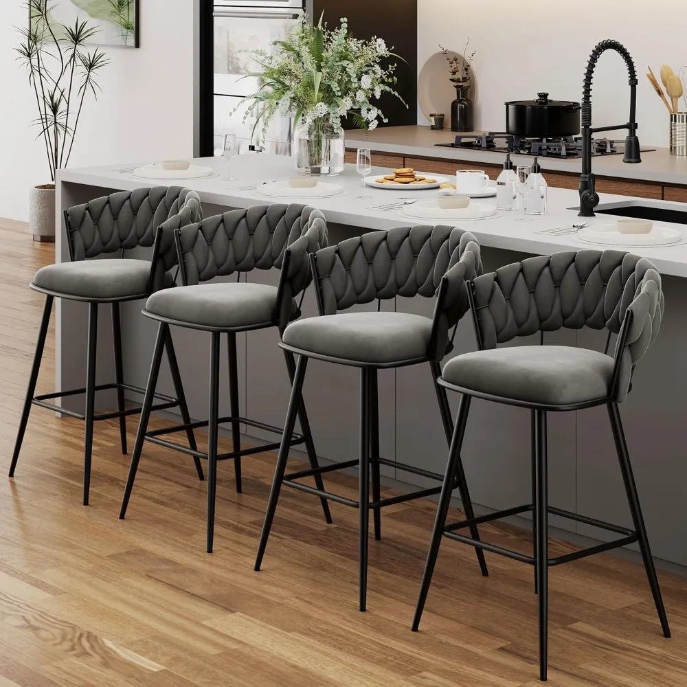 Juego de 4 Taburetes de Barra Altos, Modernos, con Altura de Asiento de 26 Pulgadas, Sillas de Barra de Tela de Terciopelo con Respaldo Tejido Personalizado