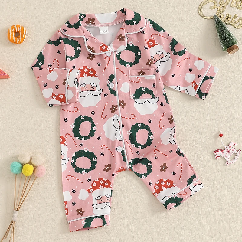 Kids Girls Christmas Pajamas Santa Claus Print Button Long Sleeves Jumpsuit for Loungewear Sleepwear