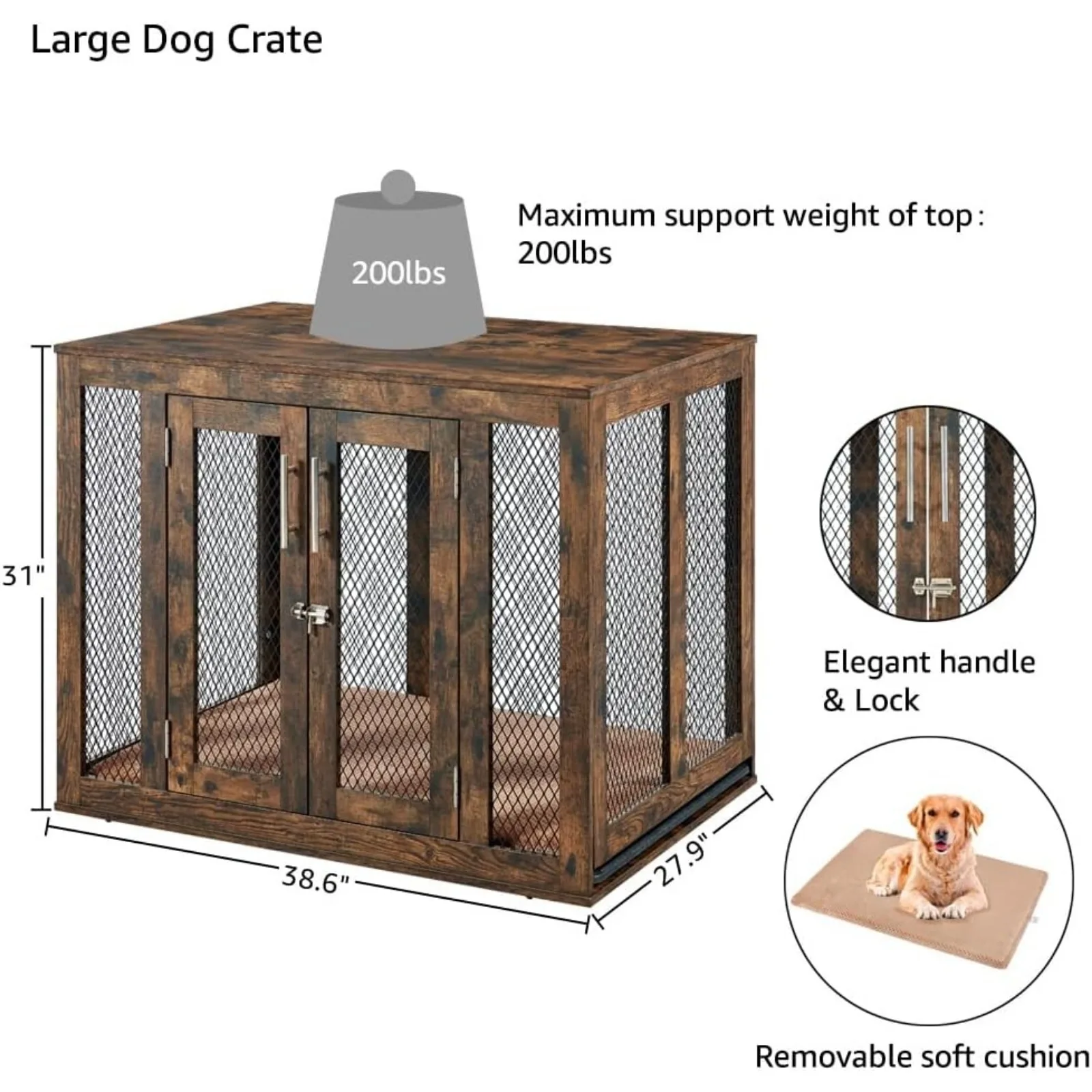 US Large Dog Crate Furniture, Wooden Dog Kennel for Large Breed, Indoor Decorative Wood Dog Cage,