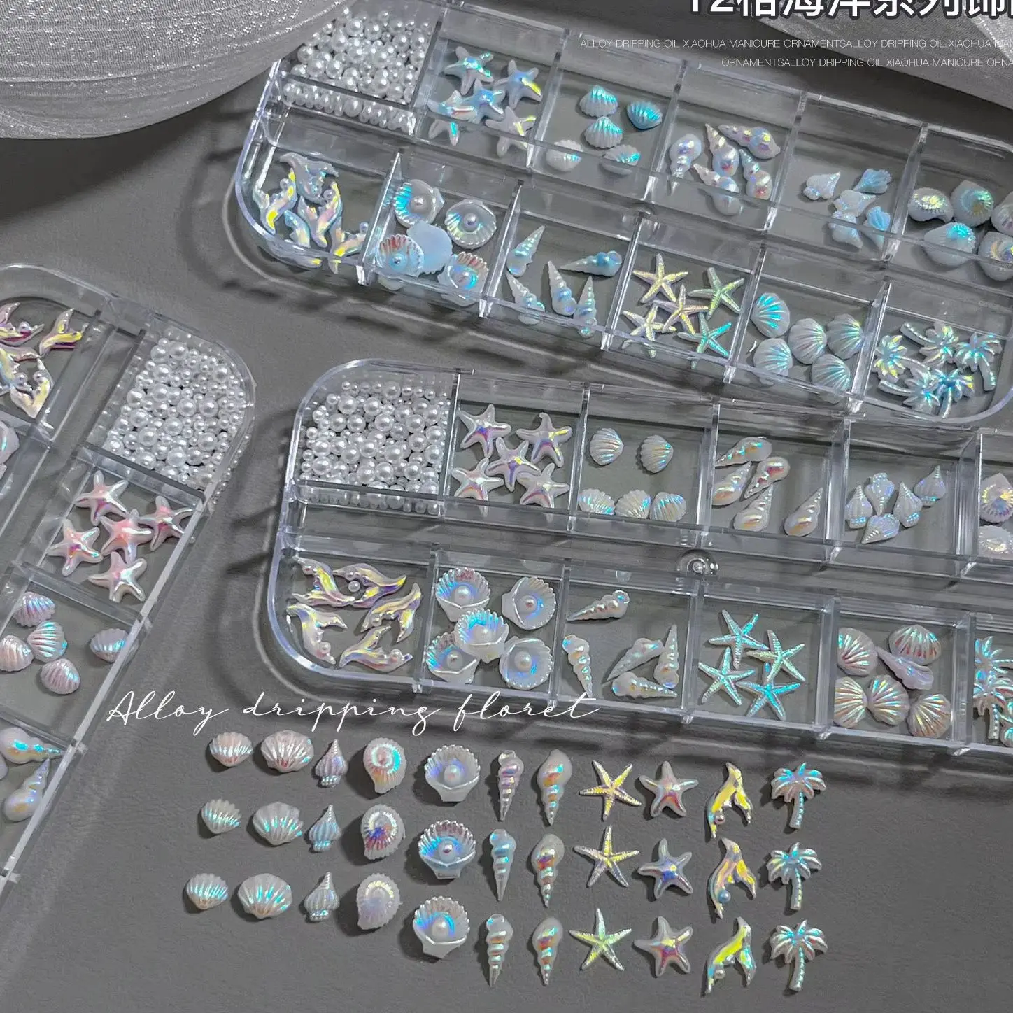12 Grilles de Strass pour Ongles Thème Coquillage Aurore, Cocotier, Sirène, Vie Océanique Estivale, Perles et Décorations de Manucure