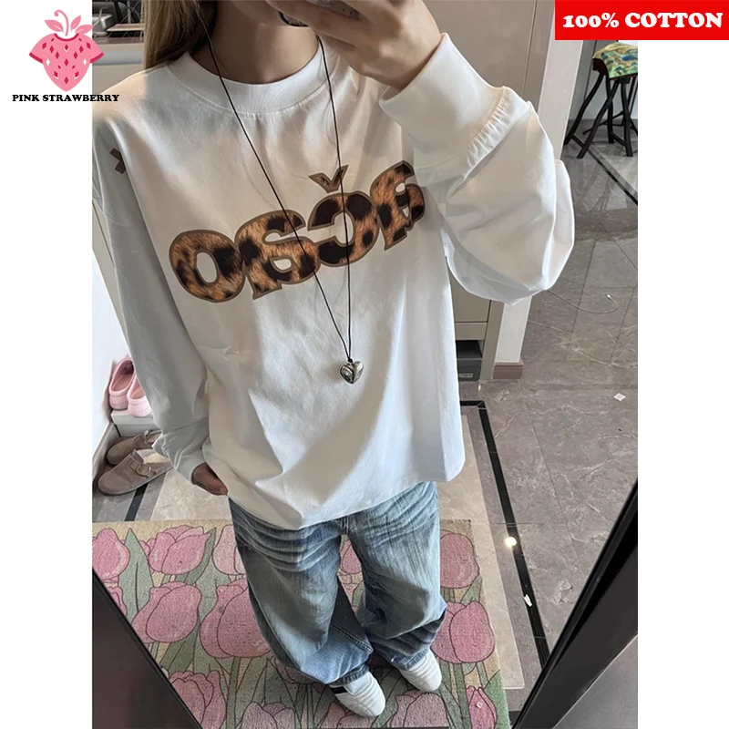

American Leopard Print Letter Print T-shirt Women Autumn 2025 New Oversize White Long sleeved T-shirt Y2k Top Ladies clothing
