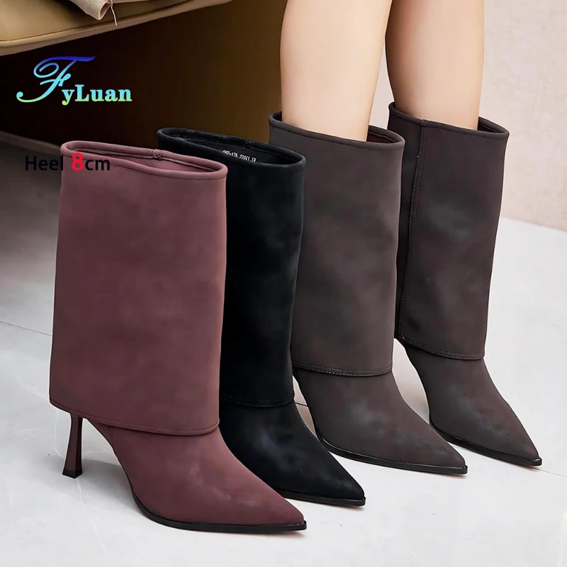 

Woman Retro Mid-calf Boots Fashion Pointed Toe Slip-on Female Shoes 8CM Thin Heeled Autumn Winter Turned Over Edge Women Boots
