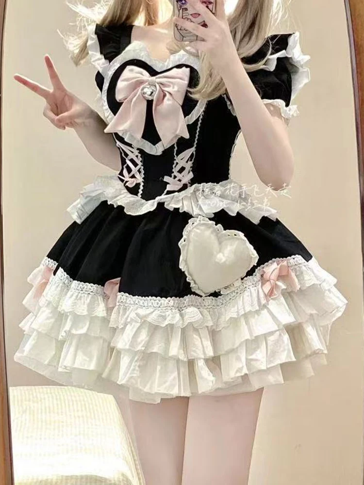 Japanese Bow Lolita Women Dress Kawaii Sweet Short Sleeved Female Cake Skirt Bandage Print Soft Girl Style Chic Mini Dress New