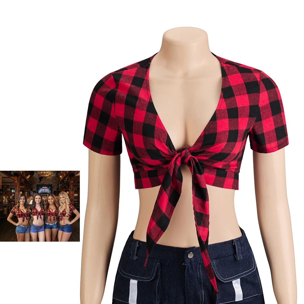 Twin Peaks Cosplay Costume Restaurant Crop Top Uniform Shirt Outfit Red Plaid Sports Bar Halloween Costume for Women Ault