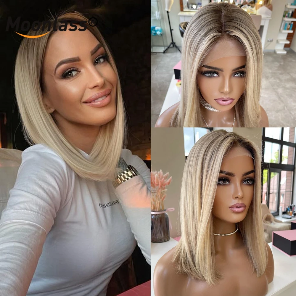 

200% 13x4 Lace Front Short Bob Wig Brazilian Remy Human Hair Preplucked Transparent Cream Blonde Ombre 13x6 Lace Frontal Wigs