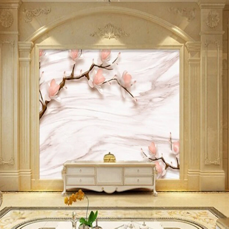 Modern and simple 3D stereoscopic magnolia branch marble pattern TV luxurious home bedroom background wall