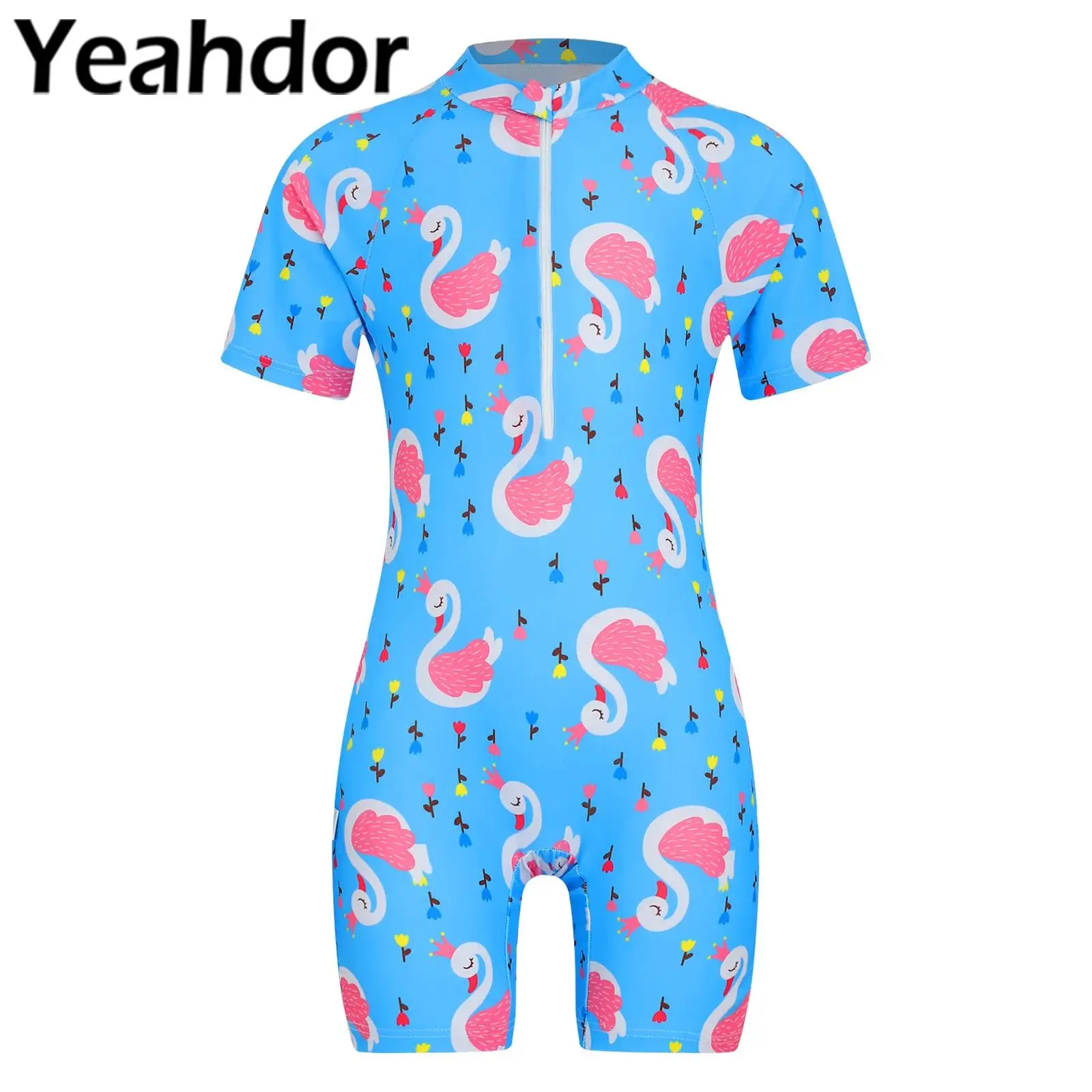 One-piece Swimsuit Girls Kids Rash Guard Jumpsuit Short Sleeve Leotard Swimwear Beachwear Bodysuit UPF 50+ Surfing Bathing Suits