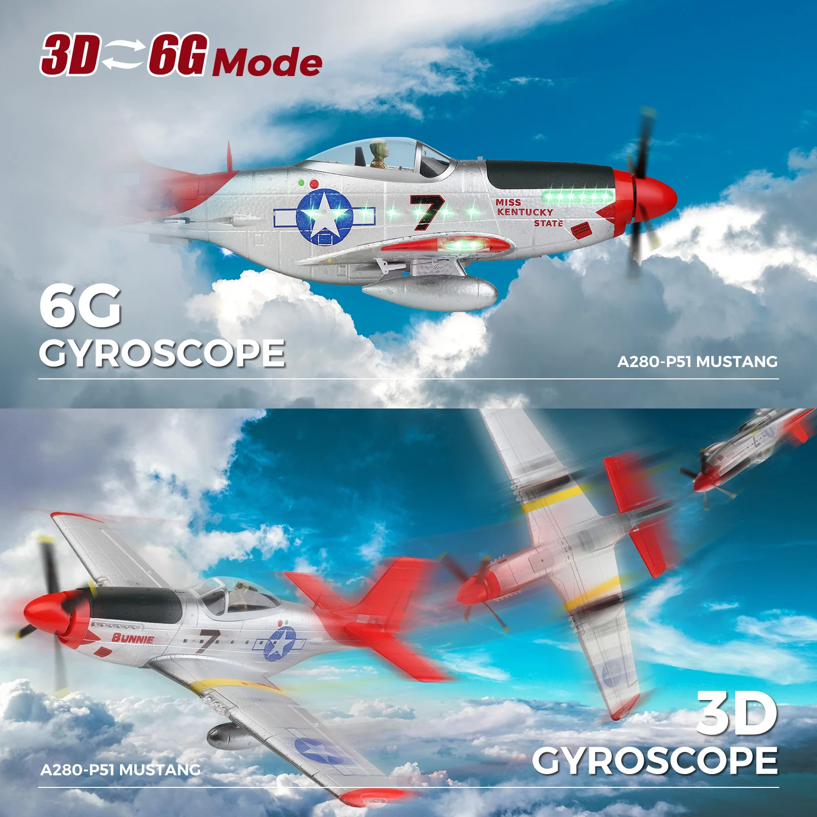 طائرة WLtoys XK A280 RC، طائرة P51 Mustang 4-CH RC مع أضواء، طائرة تحكم عن بعد 6G/3D بدون فرش، مناسبة للبالغين