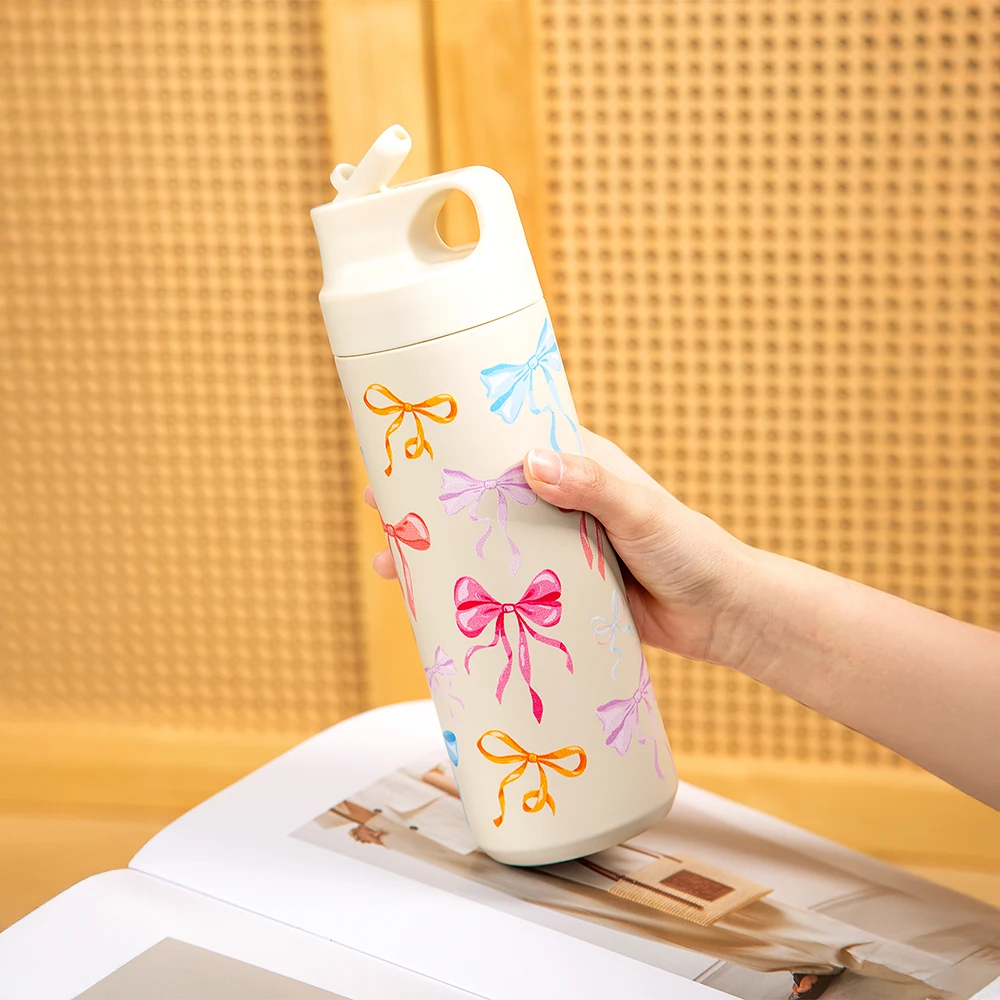 500ml Bow Insulated Cup Stainless Steel Insulated Thermal Cup With Straw Lid Printed Bow Tumblers Coffee Cups Wedding Party Gift