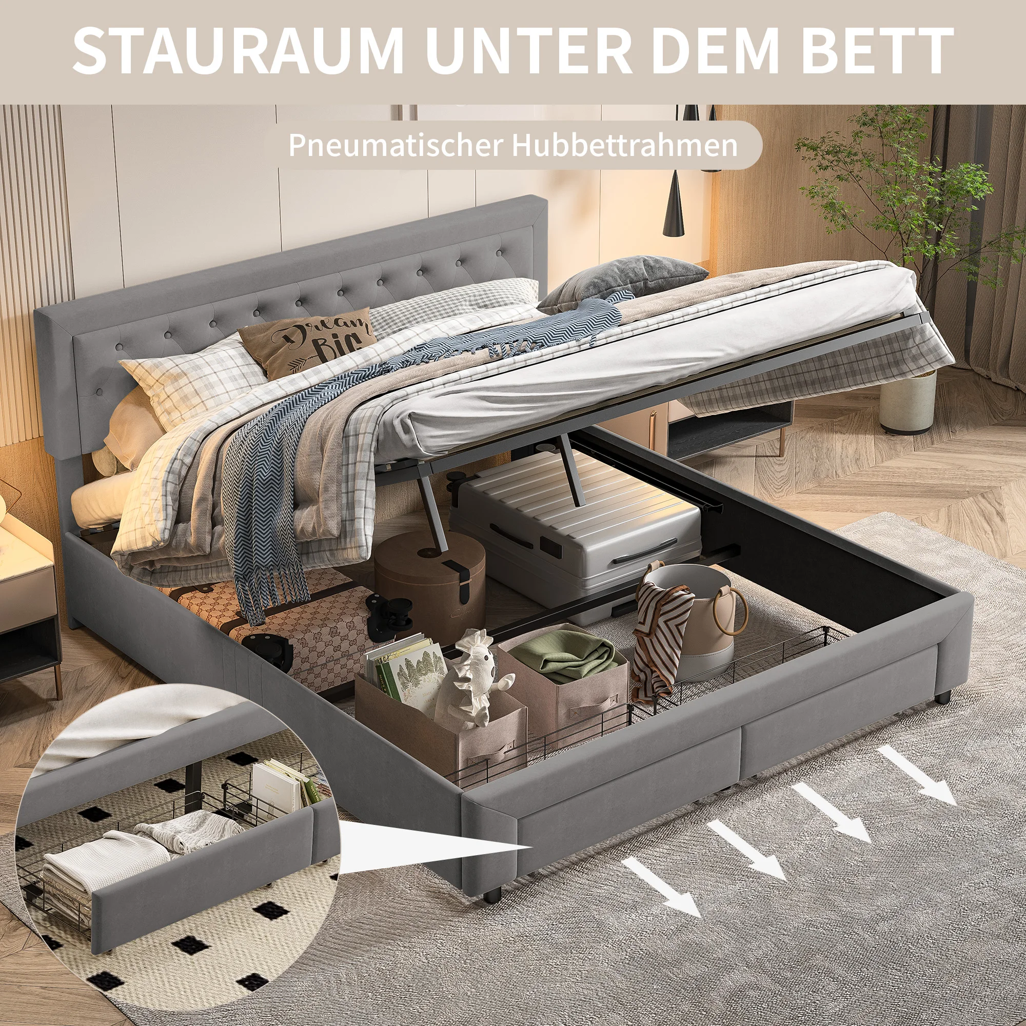 Fangange gestoffeerd bed met opbergruimte, modern tweepersoonsbed, hydraulisch bed met laden, 160/180 x 200 cm, zonder matras - afbeelding 1