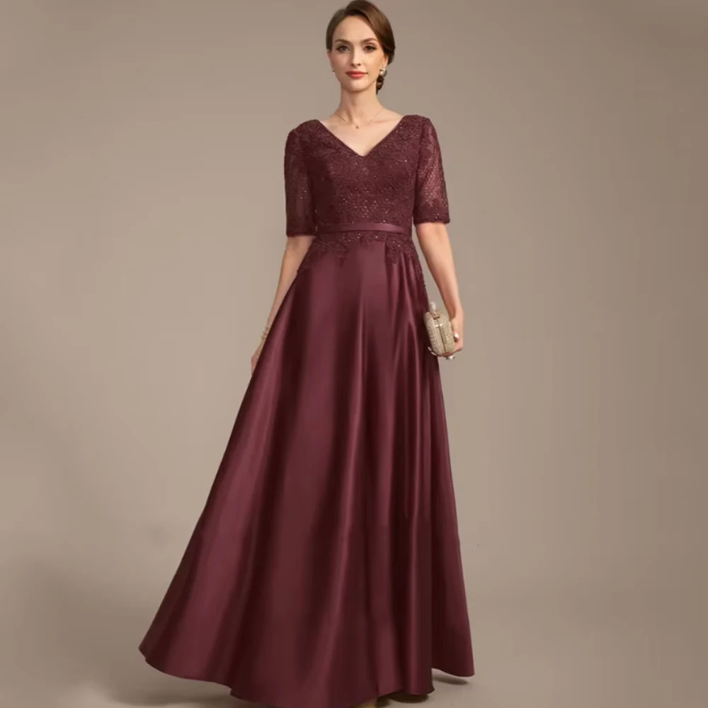 

Customized Simple Mother of Bride Dresses V Neck Satin Appliques A Line Vintage Gowns Floor Length robes Wedding Party Dresses
