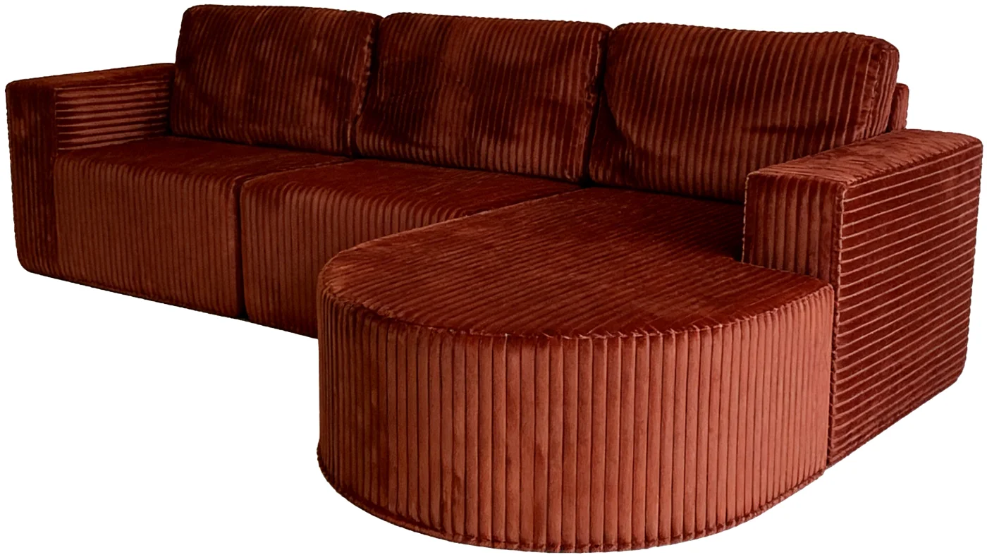#Vintage-Inspired Terracotta L-Shape Couch with Rounded Chaise, Low-Profile Modular Style, Perfect for Cozy & Bold Home Decor