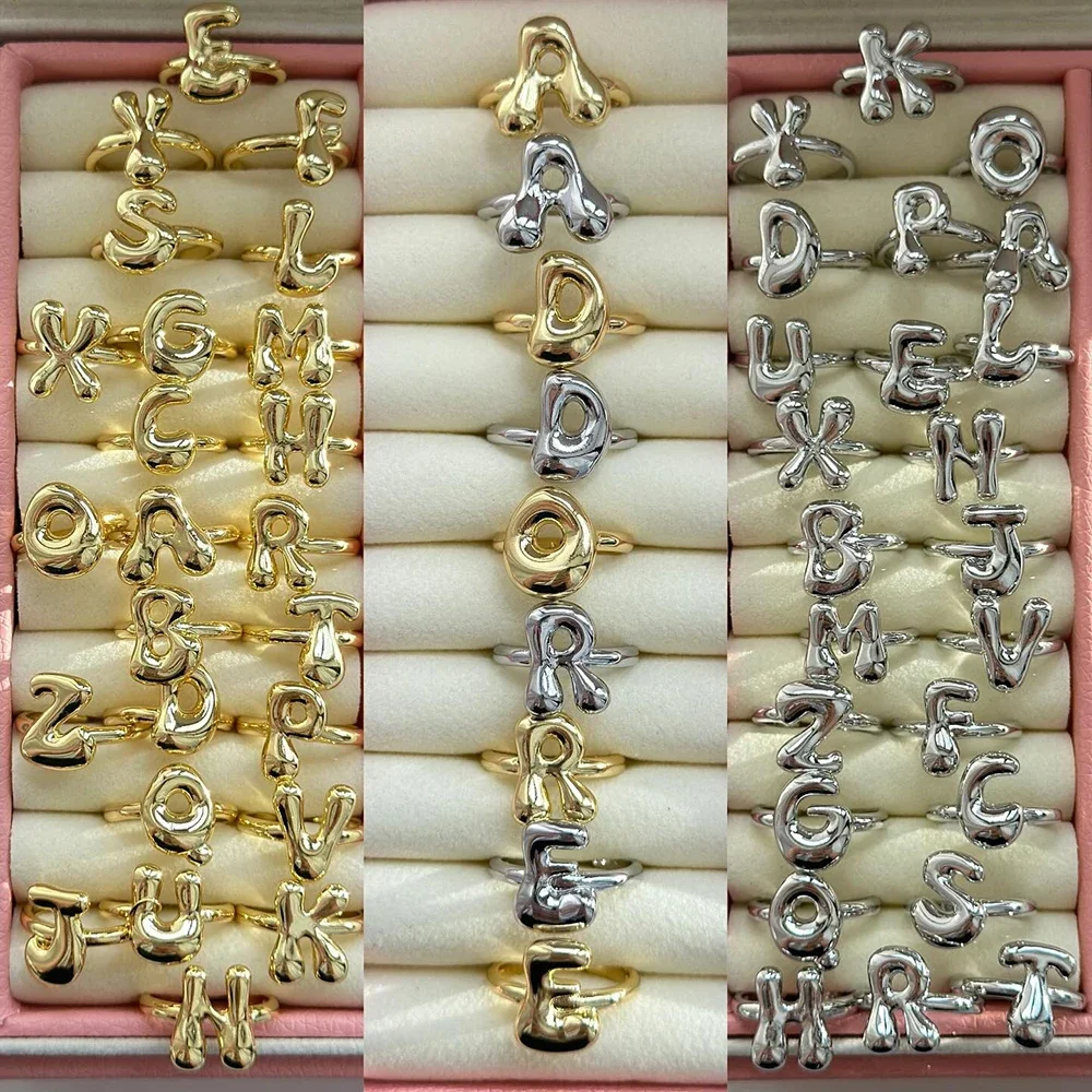Fashion Gold Plated Chunky Letter Rings for Women Stackable Bubble Initial Open Ring A-Z Alphabet Finger Statement Jewelry