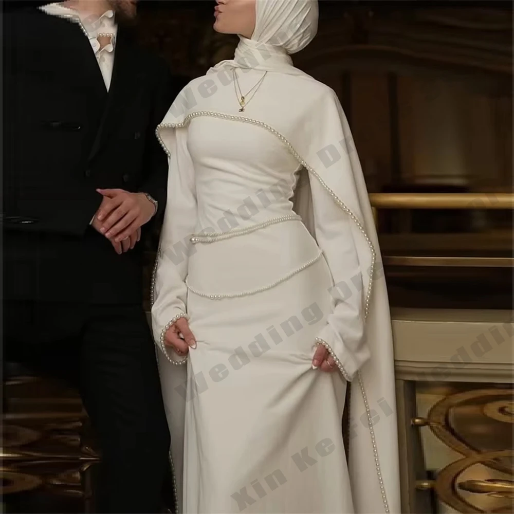 Suknie ślubne dla muzułmanek z wysokim dekoltem, eleganckie, z długim rękawem, z szalem, księżniczki, z perłami, formalne, na przyjęcie, szyte na miarę, vestido