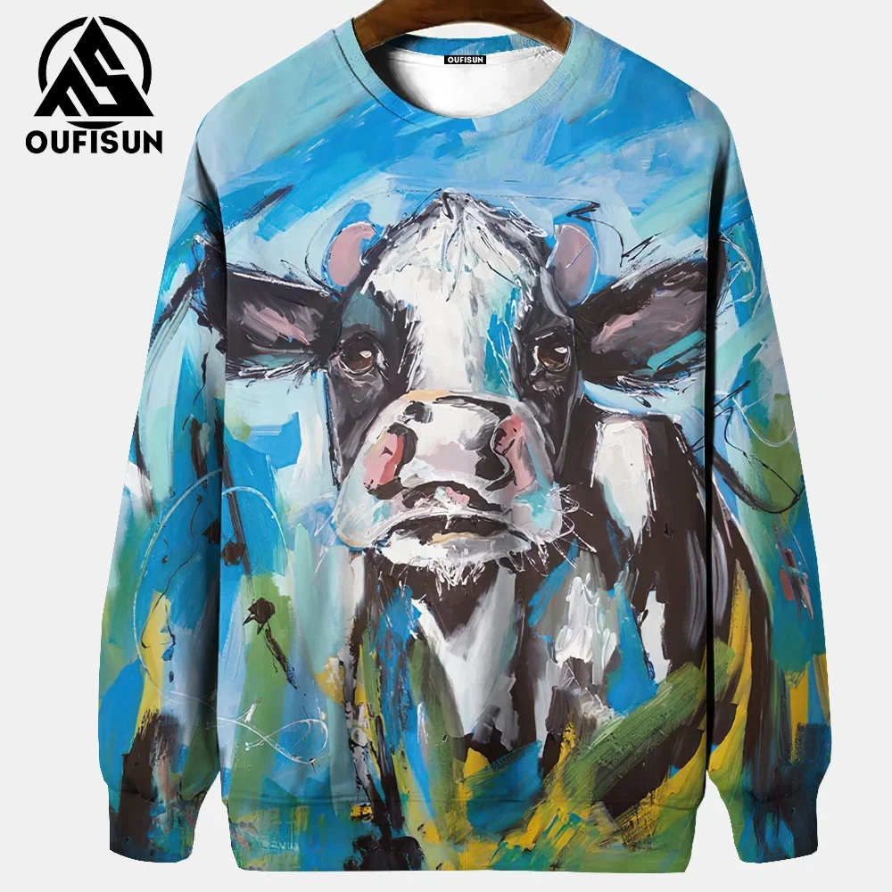 3D Oil Painting Animal Print Long Sleeve T-Shirt Men's Autumn Sweater Street Fashion Men's Clothing Oversized Round Neck Pullove