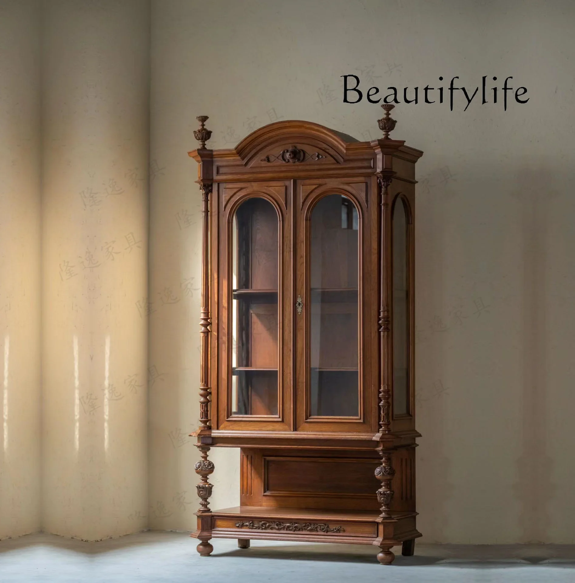 

Medieval carved locker solid wood bookcase dining side cabinet high cabinet retro American light luxury art French style