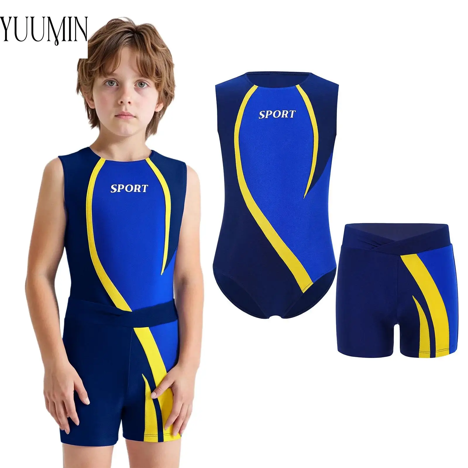 

Kids' Gymnastics Dance Costume Child Boys Sleeveless Fashion Color Block Leotard+stretchy Athletic Shorts 2-piece Sportswear Set