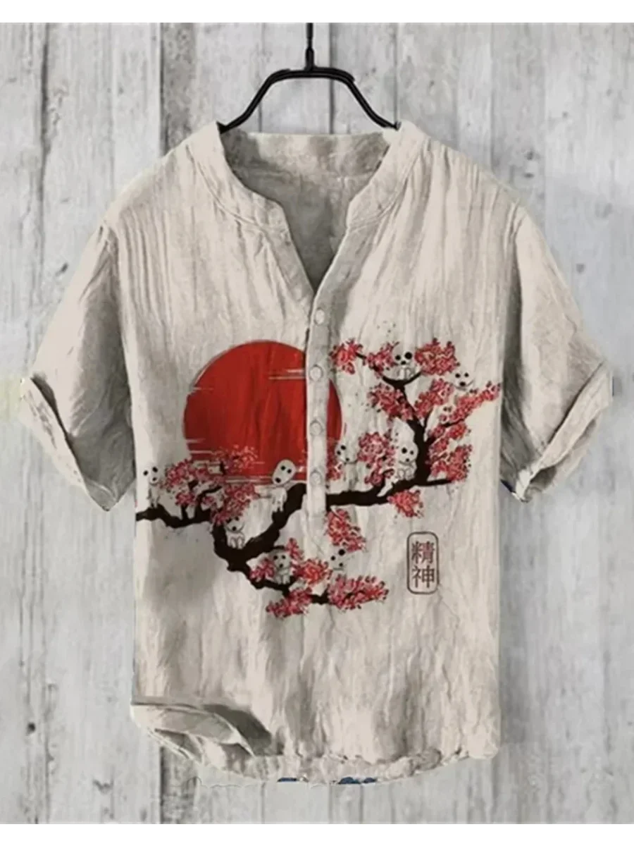 Offre spéciale Henry chemise 2025 été hommes décontracté à manches courtes T-shirt imprimé floral haut lin mélange tissu confortable taille
