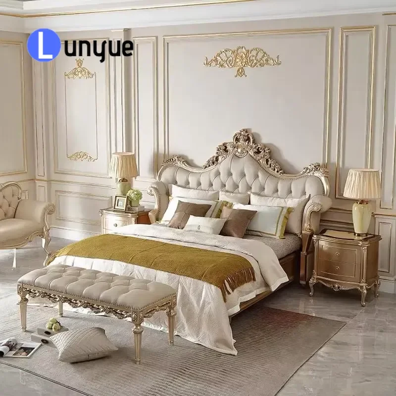 Classic French Royal Carved Solid Wood King Bed Set Villa Bedroom Furniture Elegant Luxury Home Decor