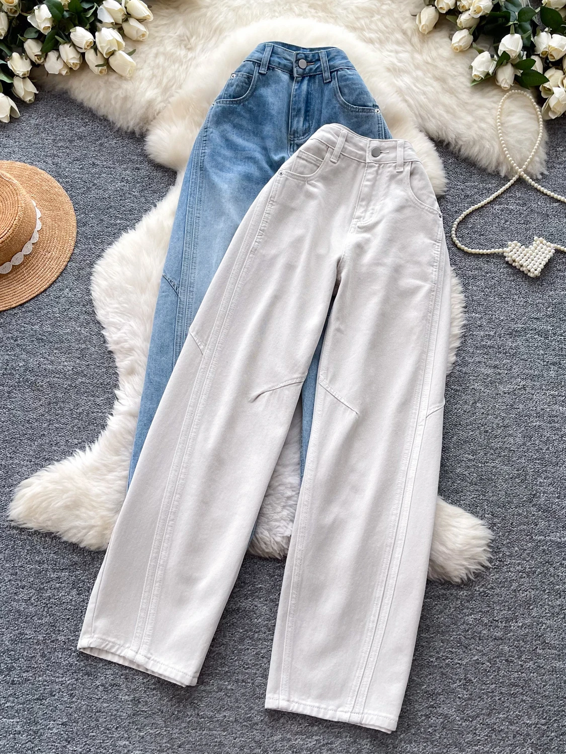 

Retro High Waist Wide Leg Jeans Women's Spring Loose Slim Straight Cut Long Pants Versatile Style Commute Wind Pure Color