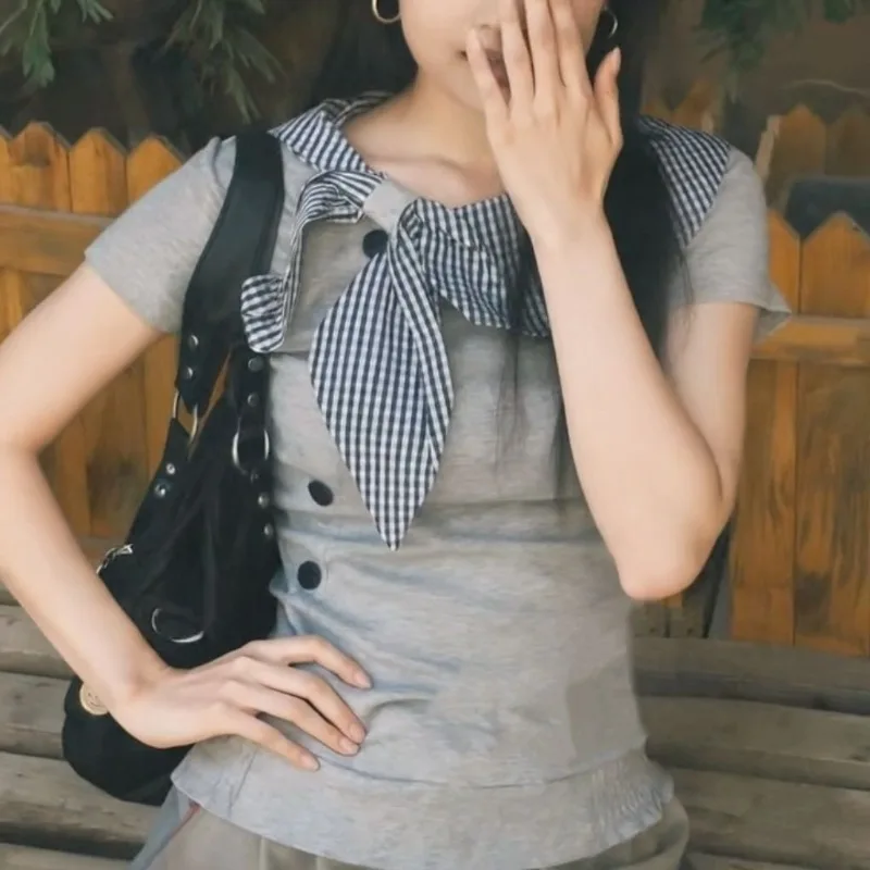 الأمريكية المتخصصة القطن زر تصميم غير النظامية قصيرة الأكمام تي شيرت ريترو الشارع الساخن فتاة البحرية طوق Harajuku عادية Y2K