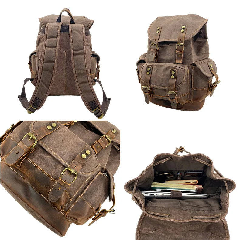 Large Capacity Europe America Style Outdoor Backpack Canvas Leather Backpack for Men Women Student Travel Hiking Climbing Bag 가방