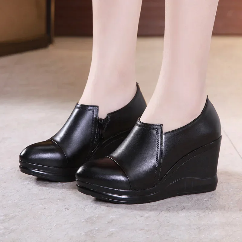 7cm Small Size 32-43 Fall Winter Deep Mouth Platform Wedges Shoes with fur Black 2025 High Heels Pumps Women for Office Mom Work