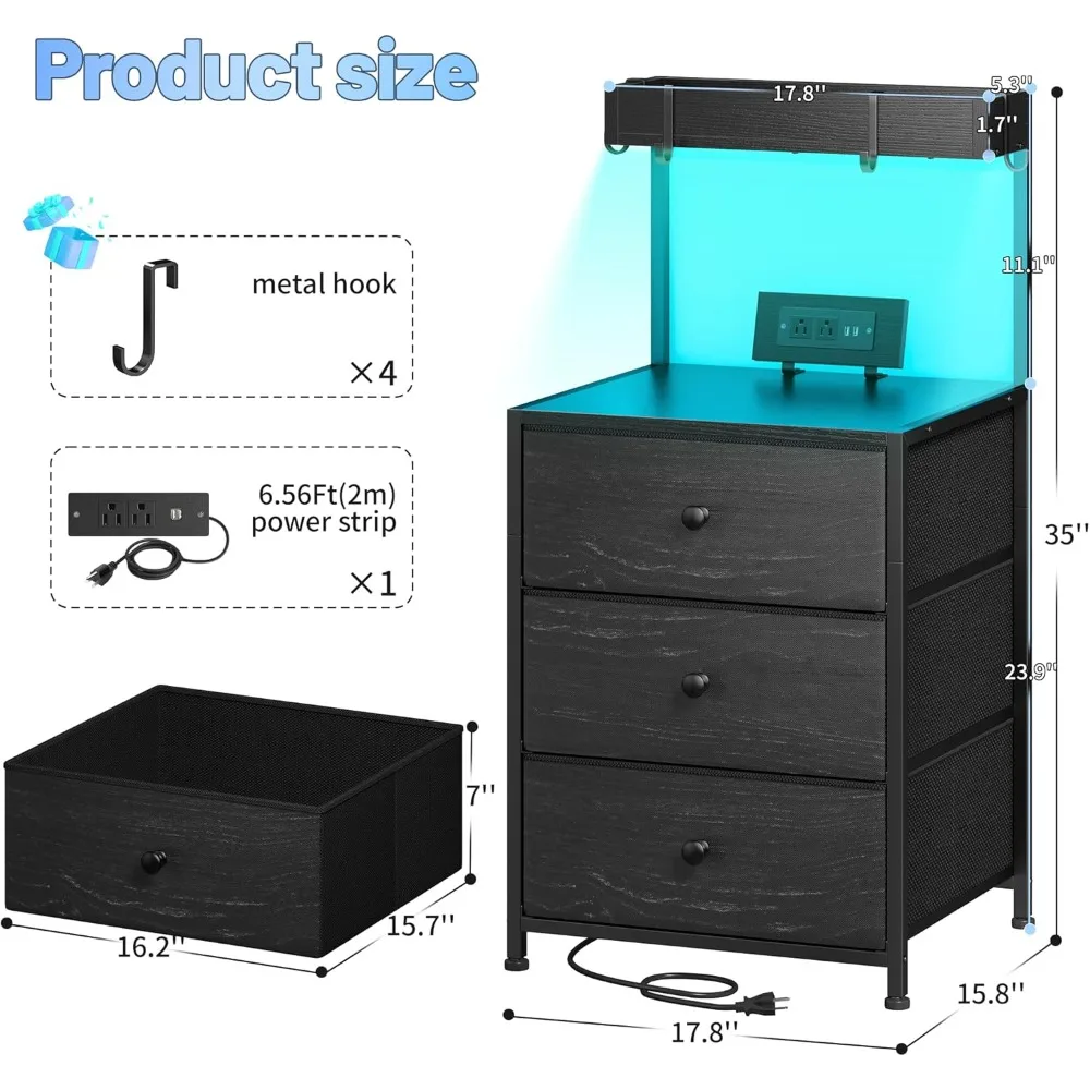 

Nightstand with Charging Station 3 Drawers LED Bedside Table with Outlets 4 Hooks for Bedroom Hallway Closet