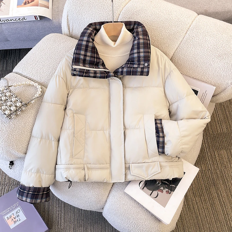 

Уникальное хлопковое пальто в клетку, женское свободное зимнее пальто с воротником-стойкой, специальное хлопковое пальто