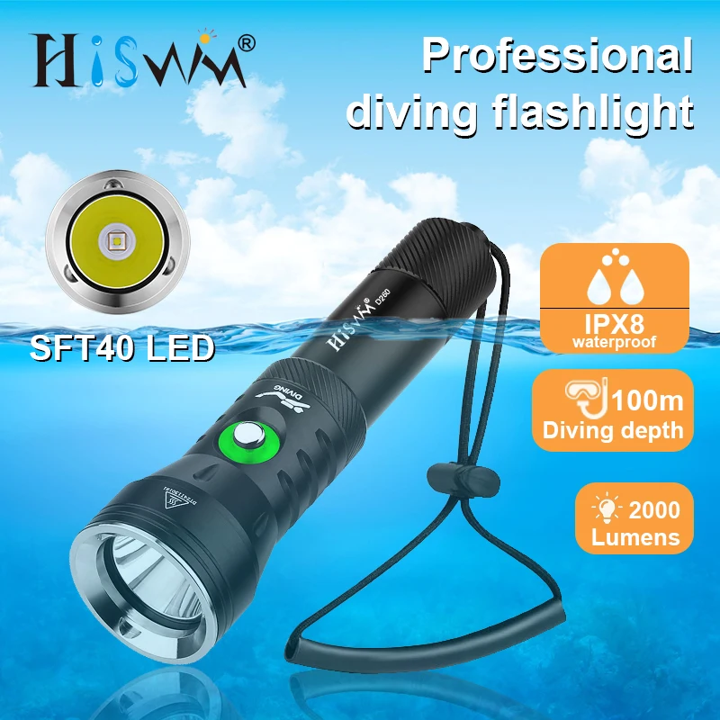 

HISWN D260 Professional diving flashlight Super Bright 2000LM IPX8 Waterproof underwater 100M Suitable for scuba diving