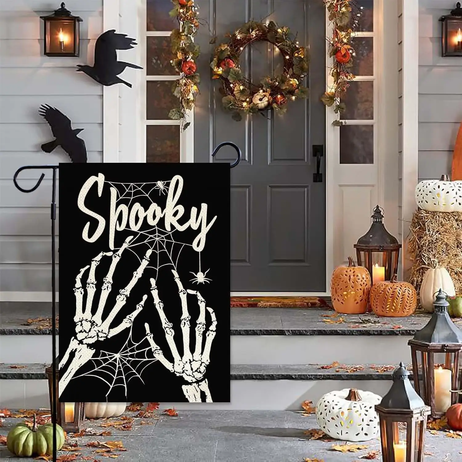 Baccessor Halloween Garden Flag Small Spooky Flags 12.5 x 18 Inch Double Sided Burlap Spooky Skeleton Hands with Spider Webs and